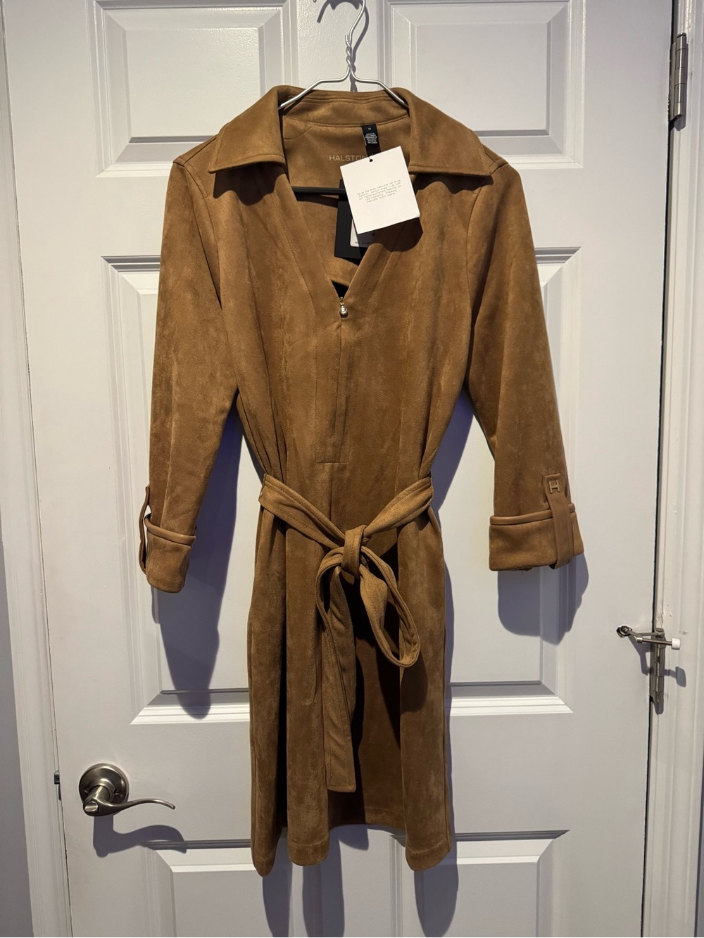 H by Halston Camel Suede Long Sleeve Tie-Waist Dress